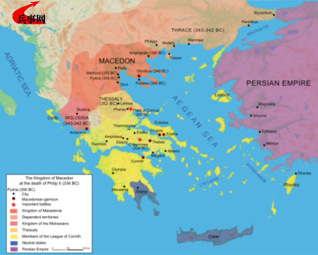 科林斯同盟建立后的希腊世界，马其顿王国为红色部分.png